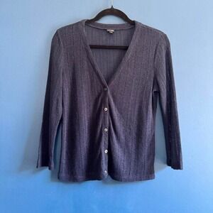 Y2K Linen Blend Cardigan Women's Size Small Petite Navy Blue Knit Sheer Preppy